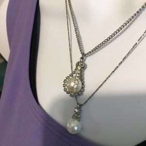 (2) Timeless Vintage Faux Pearl and Diamond Heirloom Necklaces, So Pretty!